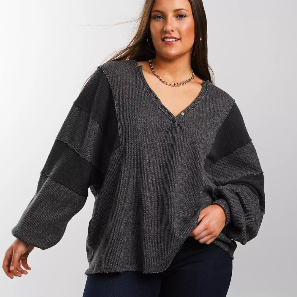 Free People Callisto Pieced Henley Thermal in Washed Black Extremely Oversized S